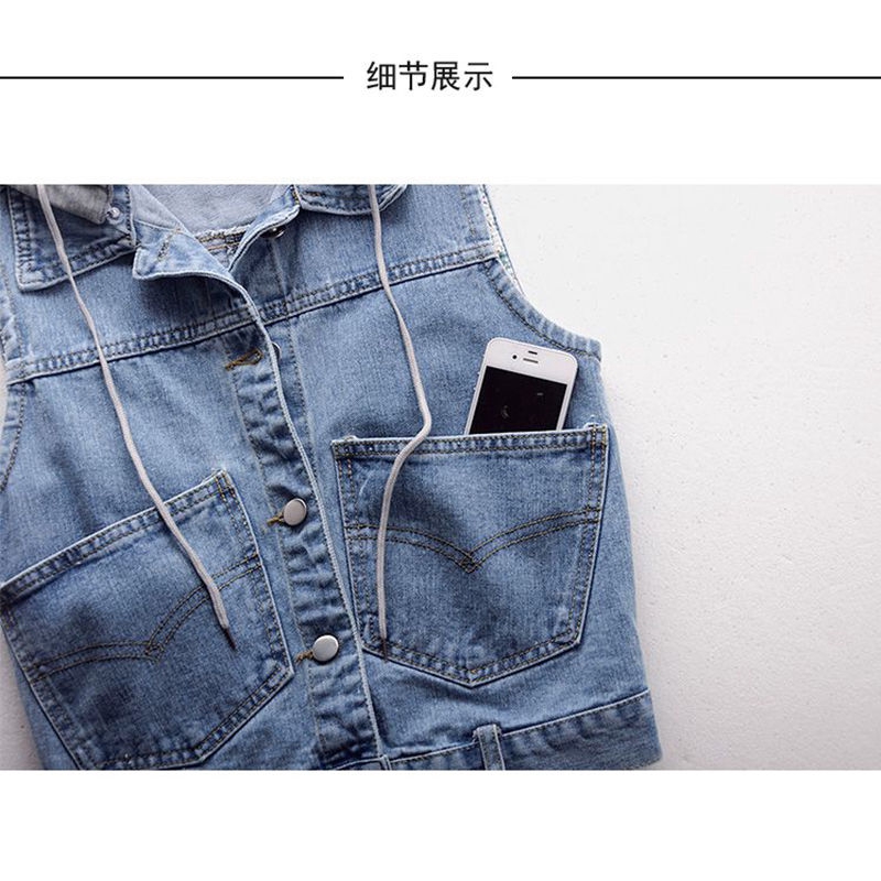 Áo khoác jean denim sát nách ngắn có nón mỏng dáng rộng đa năng thời trang xuân thu mới cho nữ 5XL | BigBuy360 - bigbuy360.vn