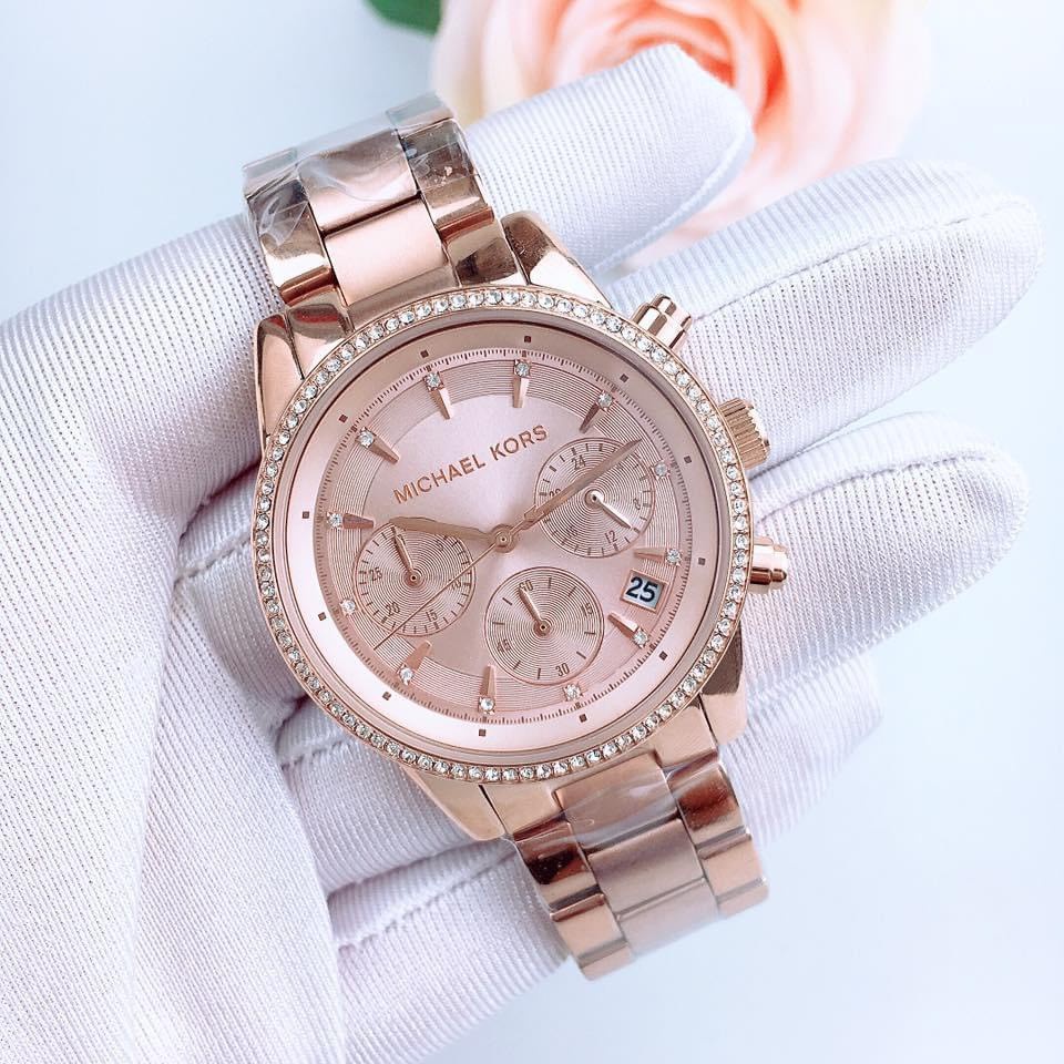 Đồng hồ nữ cao cấp đồng hồ nữ Michael Kors Ritz Rose Dial MK6357-máy pin-Dây thép không gỉ-size 37mm-Auth