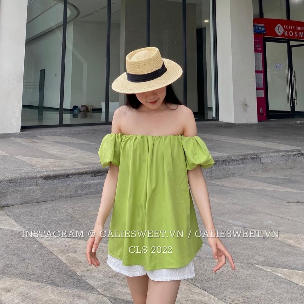 Áo trễ vai tay bồng Caliesweet chất đũi lụa thoáng mát thích hợp đi chơi đi biển CLS009