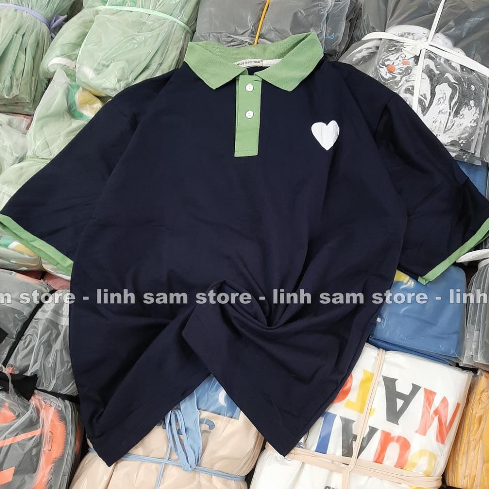 Áo thun POLO nữ tay lỡ có cổ form rộng freesize unisex mặc đi học, cặp, nhóm, lớp trơn đen in HÌNH TIM Đẹp *