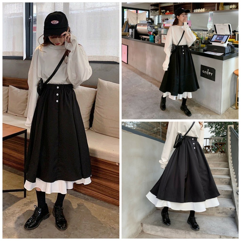 Chân váy dài phối 2 màu ulzang Hàn Quốc 2021 | BigBuy360 - bigbuy360.vn