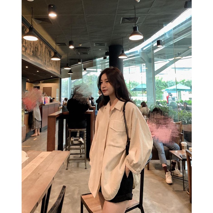 Áo Sơ Mi Form Rộng Túi Ngực Tay Bo Chất Thô Mềm