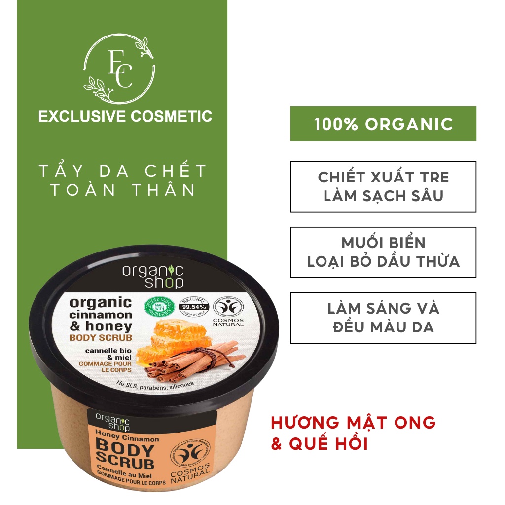 Tẩy tế bào chết toàn thân Organic Shop Mật ong, Quế &amp; Đường 250ml