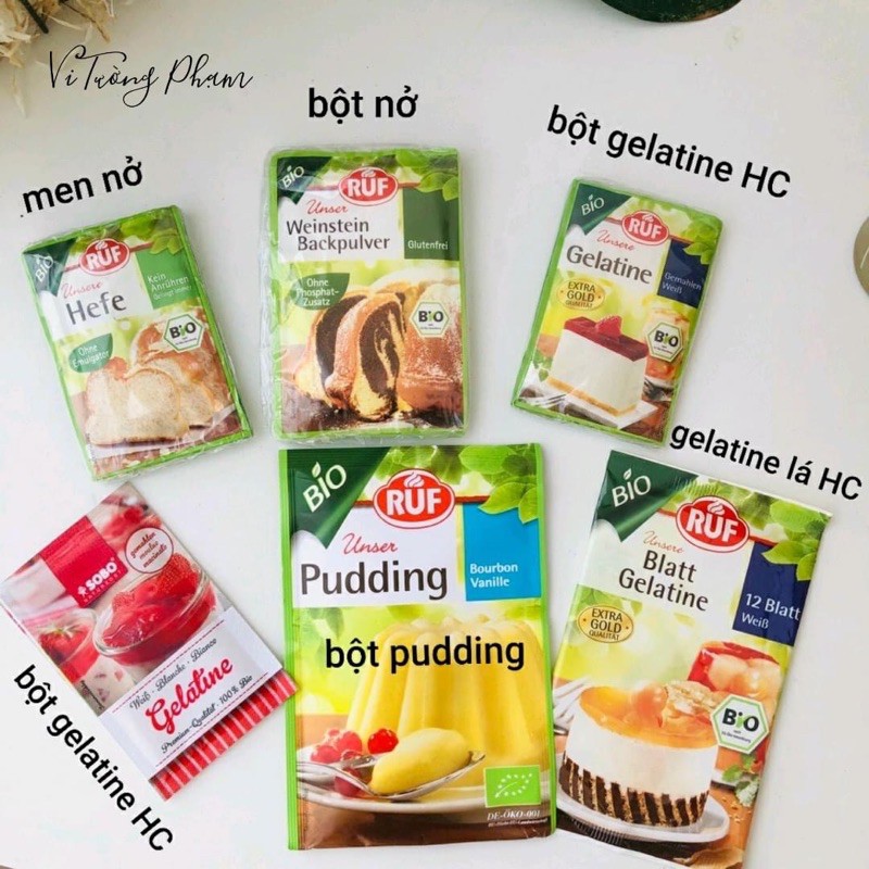 Các loại bột hữu cơ của Ruf làm bánh cho bé: pudding, gelatine, bột nở, men nở, rau câu