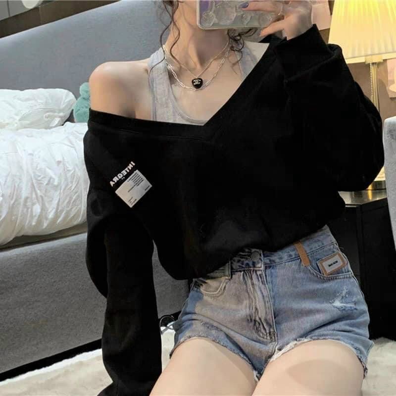 SET ÁO LỆCH PHỐI ÁO 3 LỖ TAY DÀI 2M: ĐEN / XÁM 🥰🥰🥰🥰