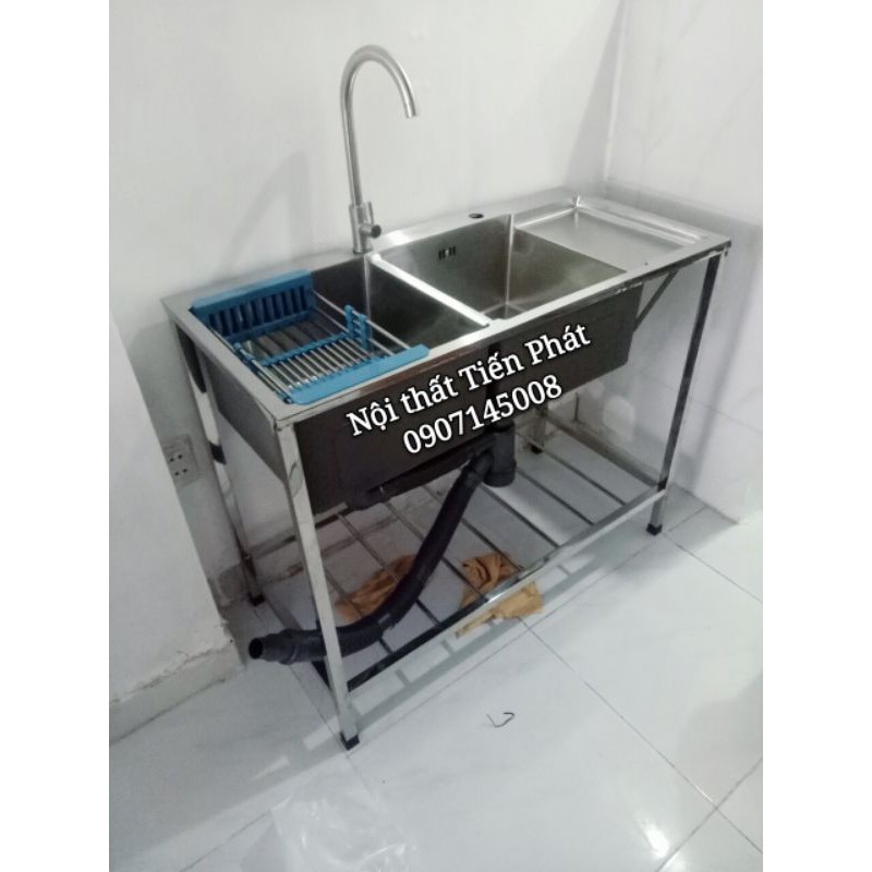 BỘ CHẬU RỬA CHÉN 2 HỘC 1 CÁNH CÓ CHÂN, CHẬU ĐÚC INOX 304 48CM X 1M