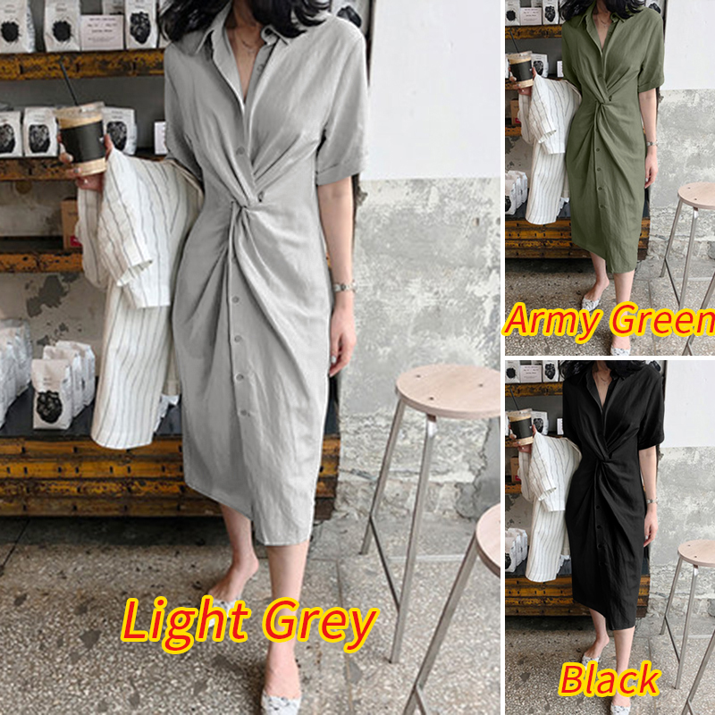 Đầm Công Sở ZANZEA Tay Ngắn Cổ Bẻ Không Đối Xứng Đơn Giản Dành Cho Bạn Nữ