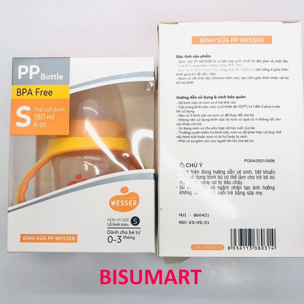 Bình sữa WESSER, Bình sữa cổ rộng nhựa PP 180ml - 260ml