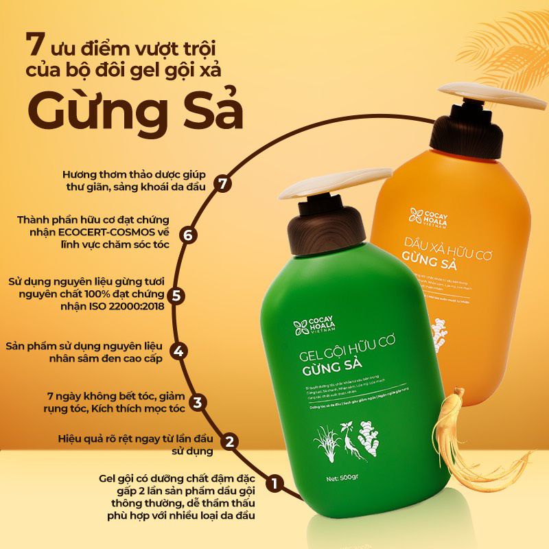 Dầu Gội Xả Hữu Cơ Gừng Sả Ngăn rụng , bết  tóc tóc 500g