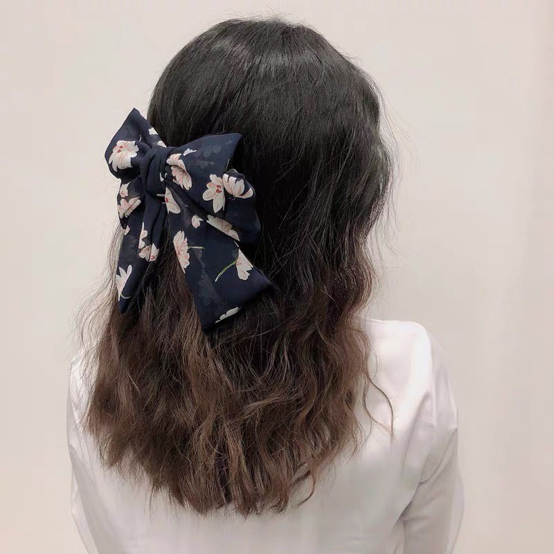 Kẹp tóc vải nơ to họa tiết hoa xinh xắn cho nữ