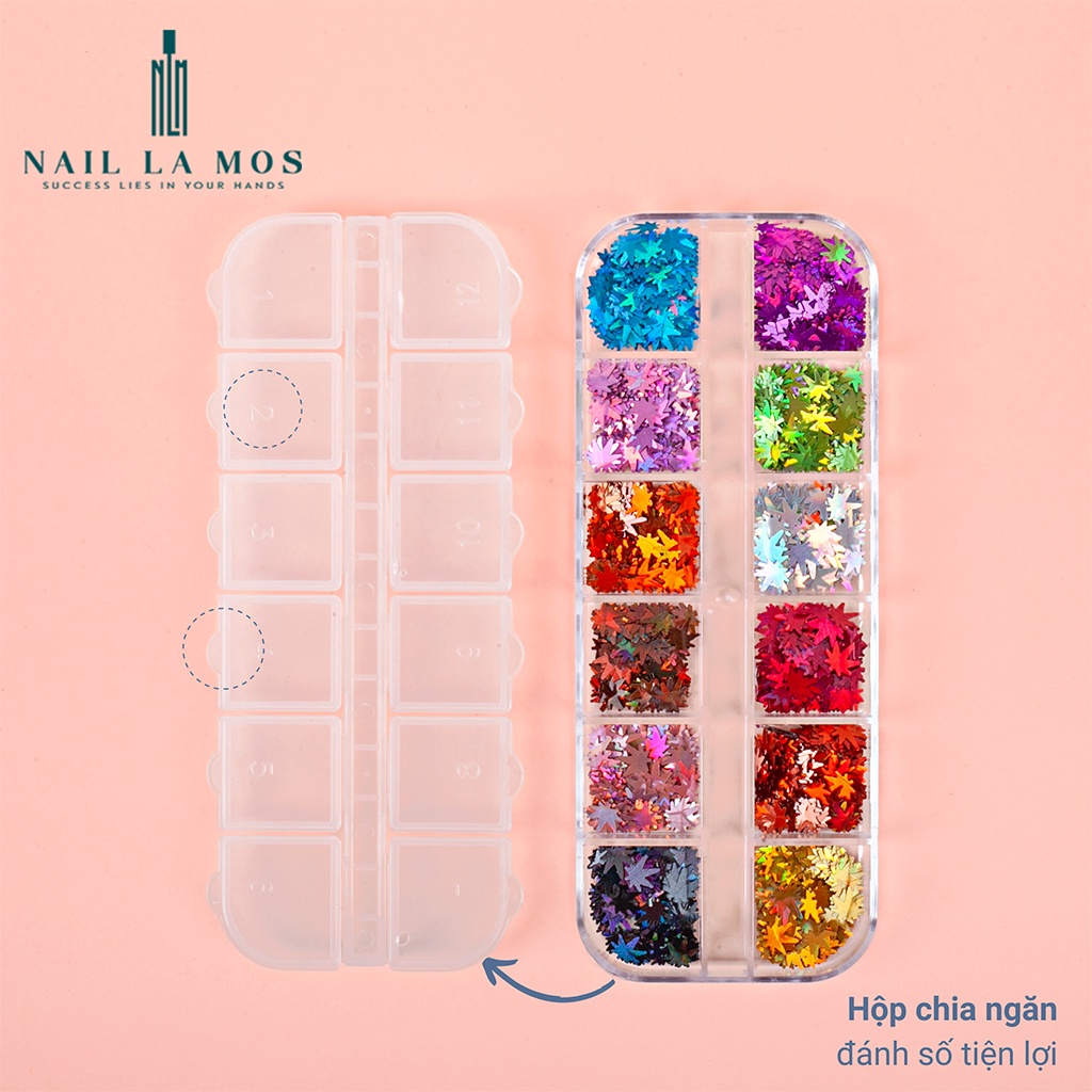 Set 12 ô nhũ hình lá phong 4D lấp lánh rất sáng - nhũ nail trang trí móng tay nghệ thuật