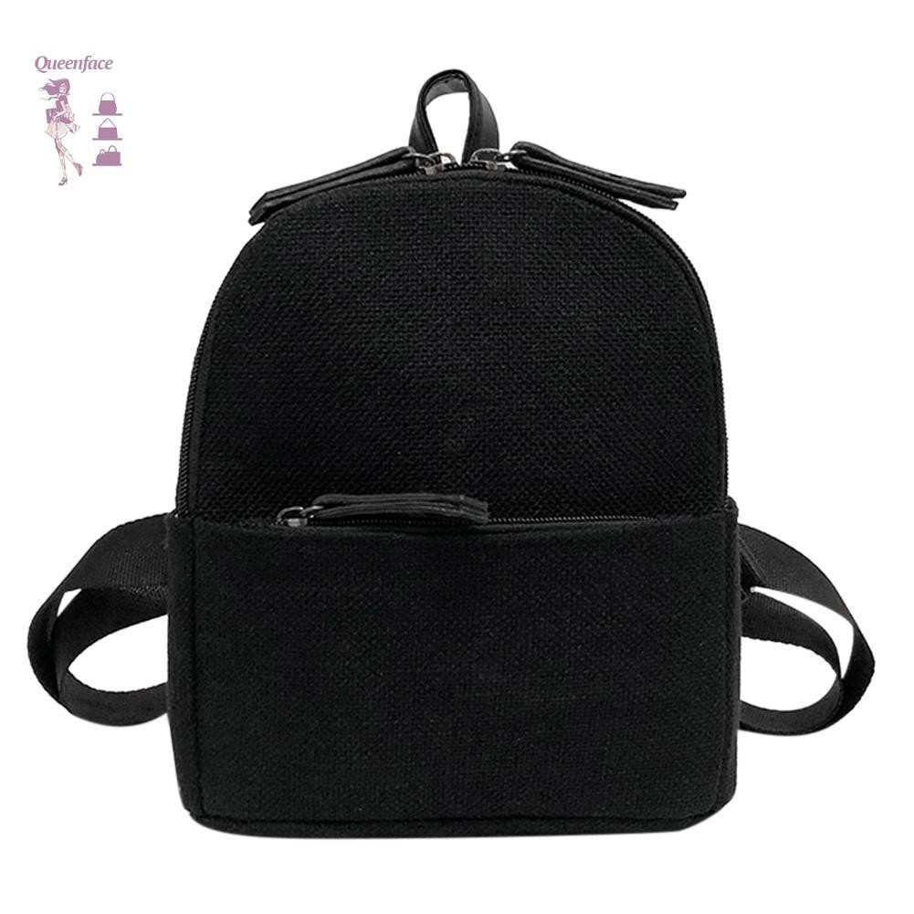 Queen_Retro Straw Linen Small Zipper Backpack for Women Shoulder Travel Schoolbag☆
