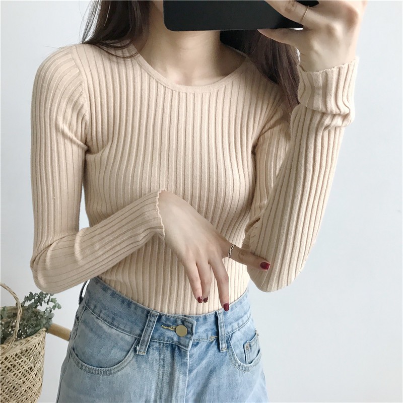 Áo Sweater Dệt Kim Tay Dài Màu Trơn Dễ Phối Đồ Thời Trang Cho Nữ