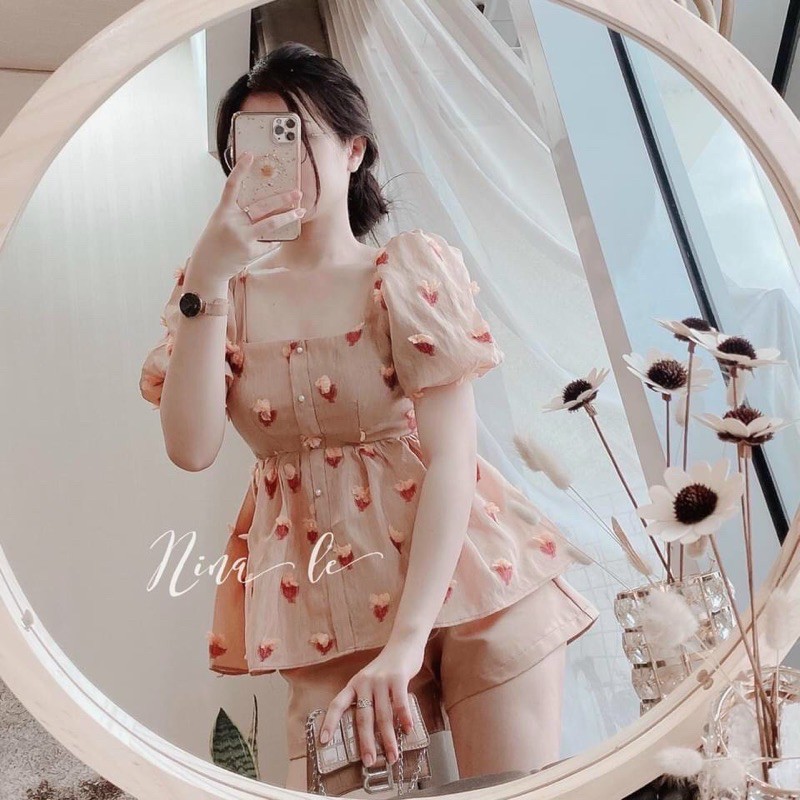 Set áo babydoll hoa nổi tay phồng buộc nơ + quần short lưng thun 5 màu trắng / hồng / nâu / tím / nude