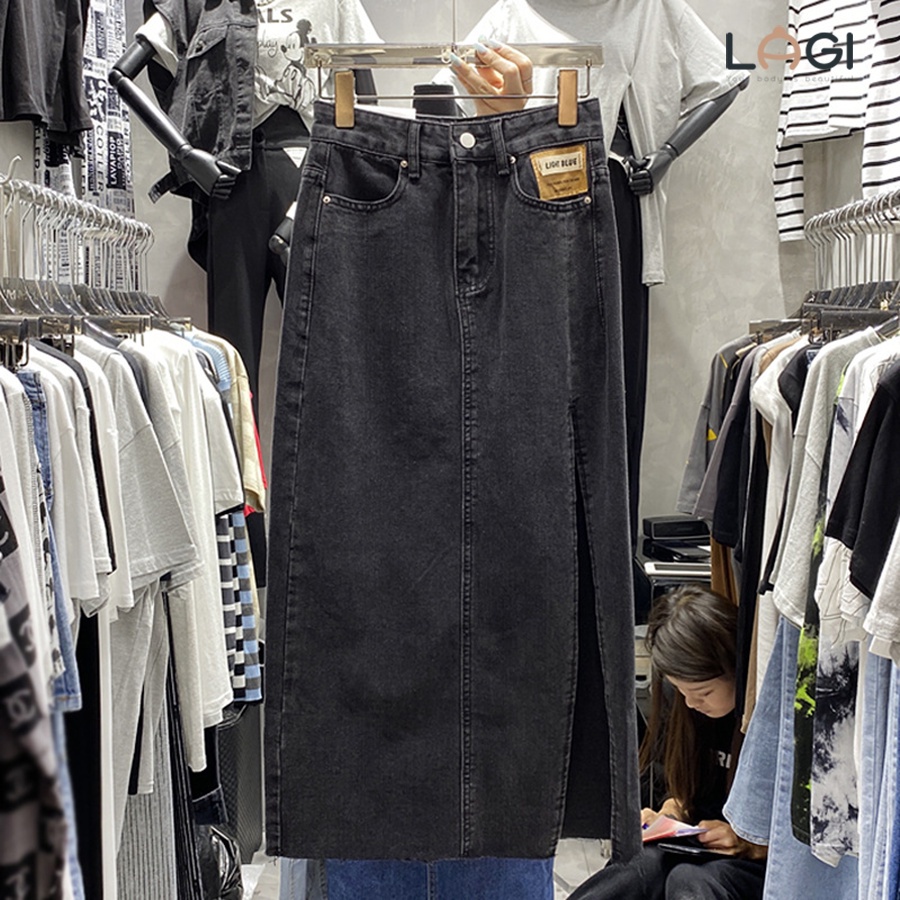 Chân váy Jean dài dáng mác da cv bò jeans chữ A xẻ tà ,cạp cao phong cách Hàn Quôc-MINXY SHOP