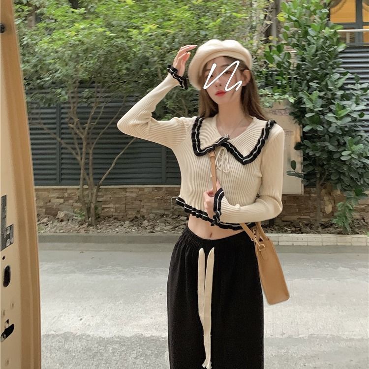 Áo Sweater Dệt Kim Tay Dài Phối Bèo Thiết Kế Hợp Thời Trang
