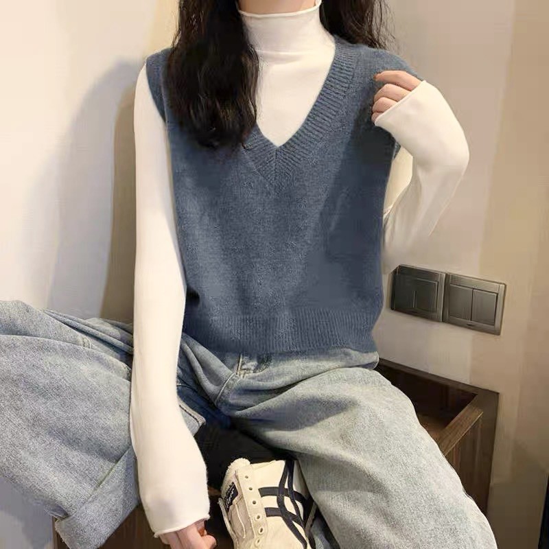 Áo Gile Len Trơn, Áo Len Nữ Cổ Tim Kiểu Dáng Đơn Giản Phong Cách Hàn Quốc Xinh Xắn Dễ Thương