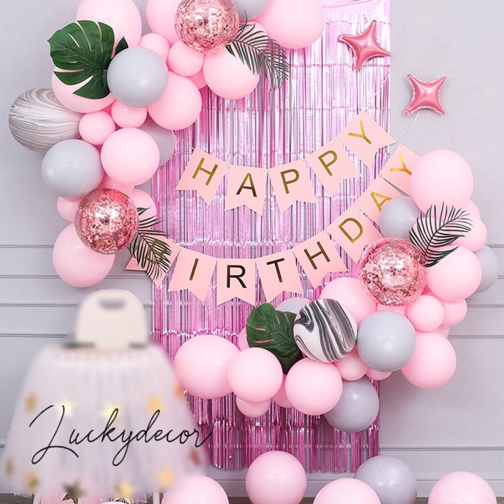 (Tặng Rèm Kim Tuyến Rosegold) Set bóng bay trang trí sinh nhật bé gái màu hồng đủ phụ kiện VP02