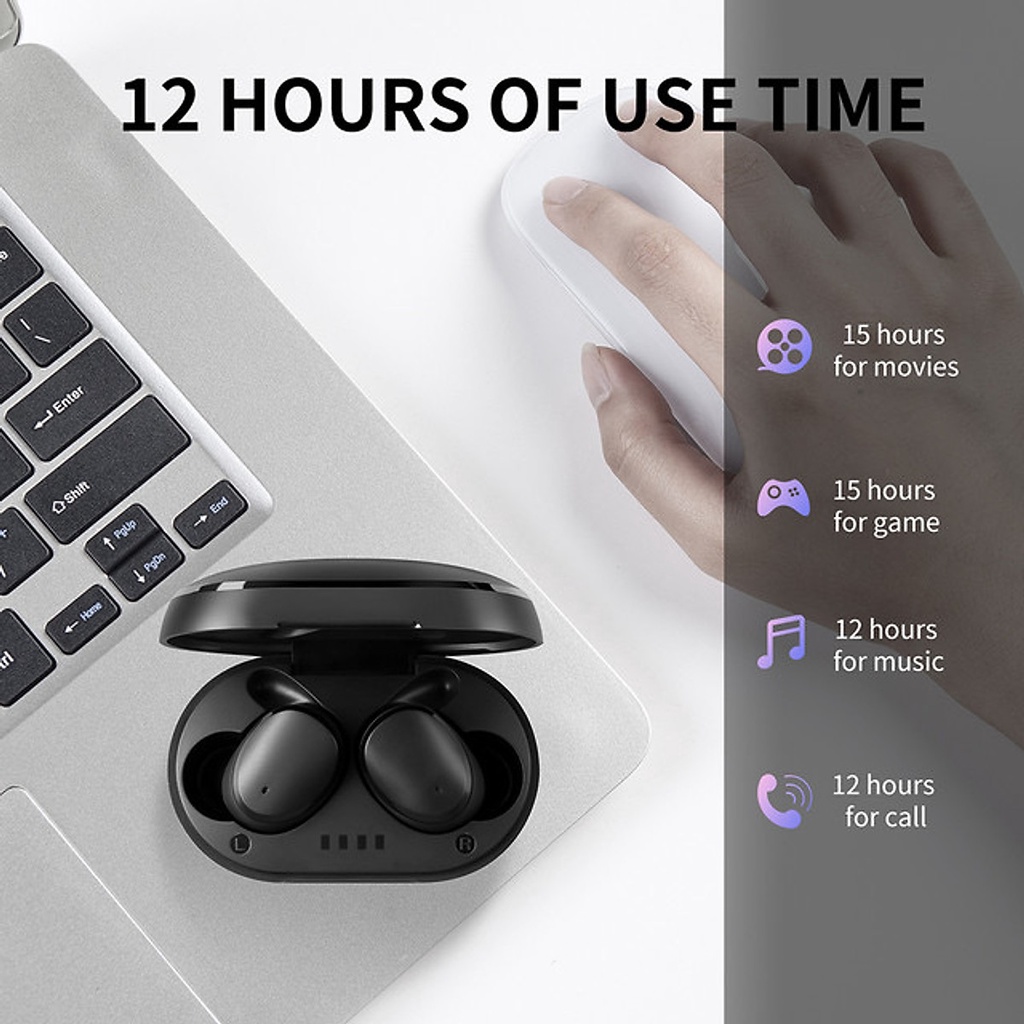 Tai nghe Bluetooth V5.0 True Wireless Earbuds điều khiển cảm ứng hỗ trợ nghe đơn hoặc đôi 2 bên tai và micro HD chống ồn
