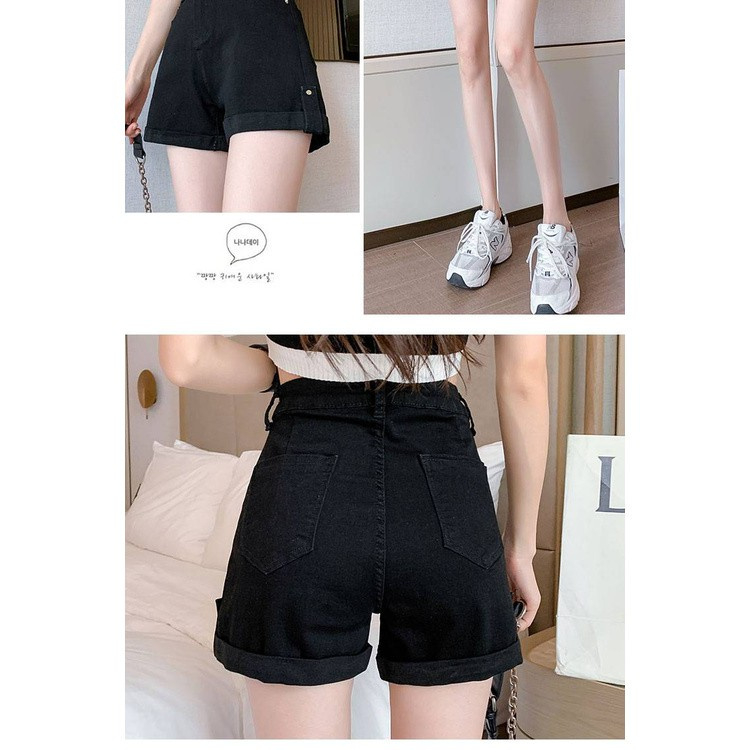 Quần Short Denim Lưng Cao Ống Rộng Màu Xanh Dương / Đen Thời Trang Mùa Hè Cho Nữ