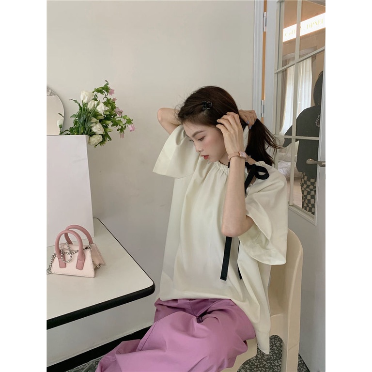 Áo Kiểu Tay Ngắn Phối Dây Cột Thời Trang Trẻ Trung