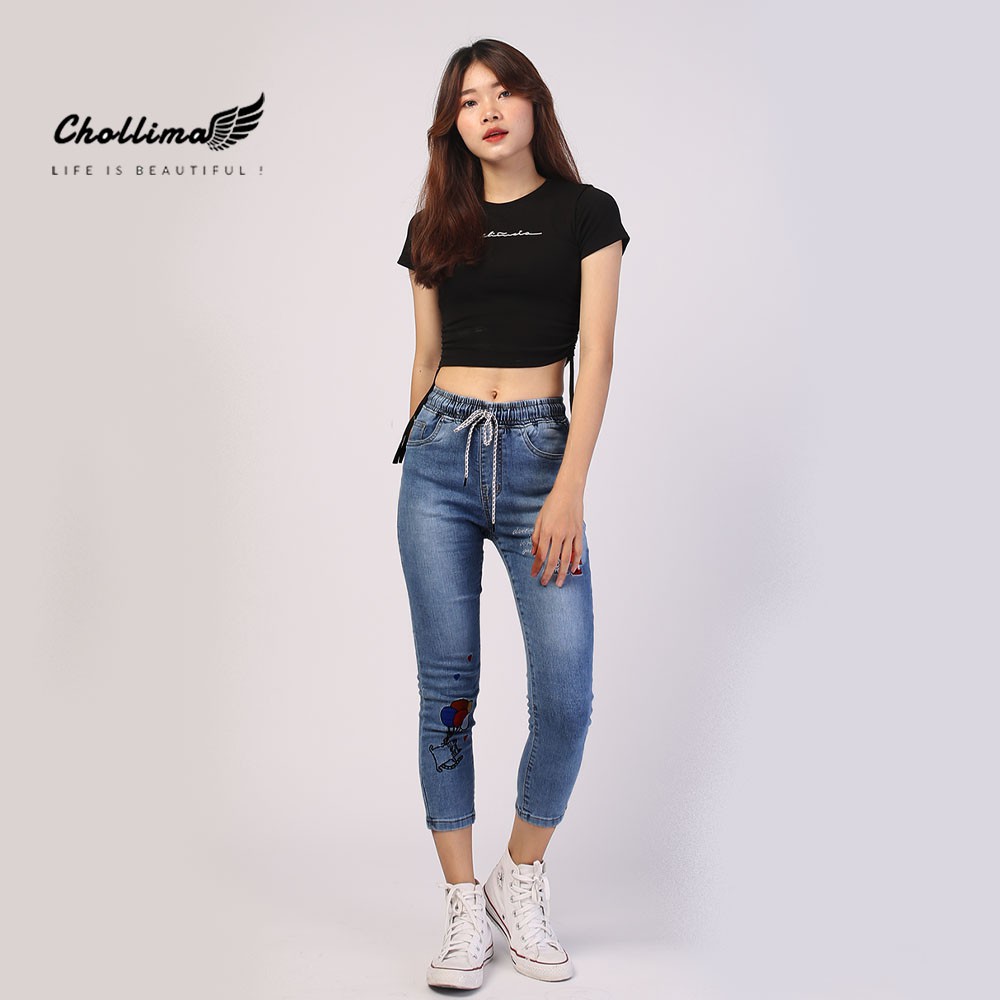 Quần jeans nữ lưng thun Chollima thêu cô gái QD021 - Quần bò 9 tấc lưng thun