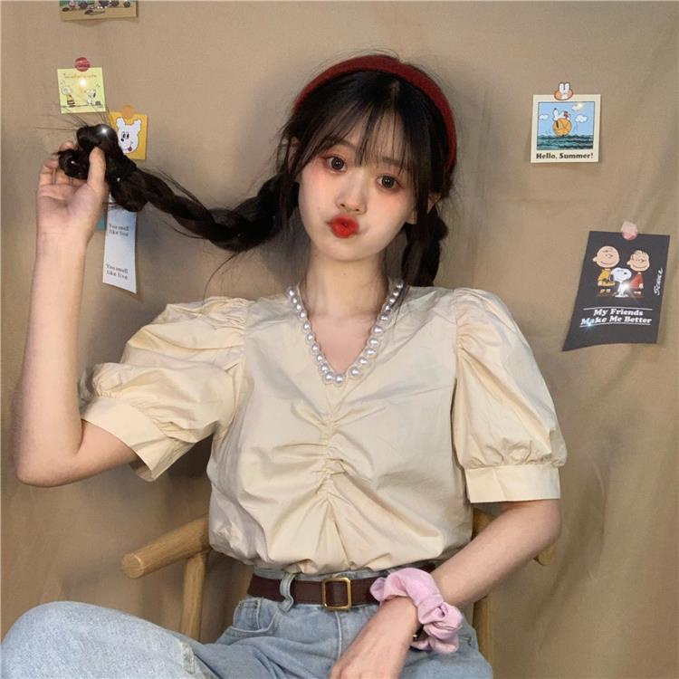 Áo sơ mi COZOKC tay ngắn cổ đính ngọc trai giả phong cách Hàn Quốc thời trang