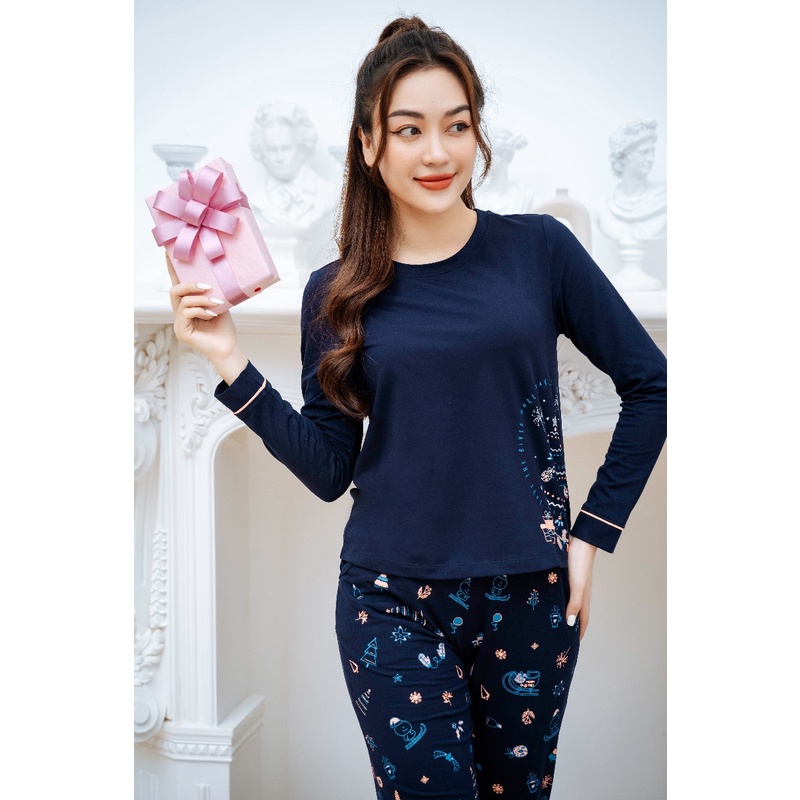 Bộ cotton mặc nhà WINNY. SET đồ ngủ cao cấp thiết kế dáng dài thu đông áo trơn, quần họa tiết đơn giản