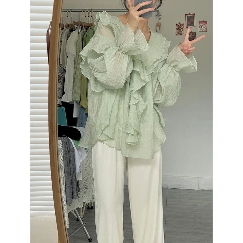 Áo Sơ Mi Tay Phồng Cổ Chữ V Dáng Rộng Phong Cách Phương Tây Thời Trang Cho Nữ