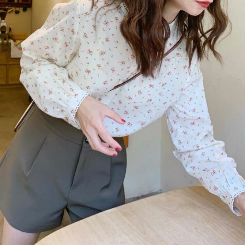 Áo Sơ Mi Nữ Tay Dài Hoa Nhí Cổ Tròn Dễ Thương Ulzzang