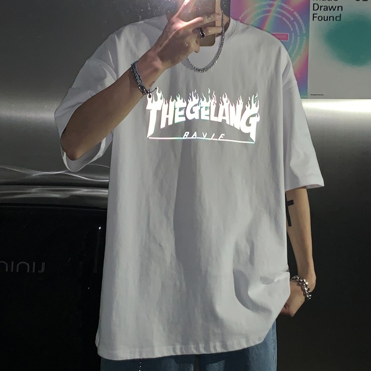 Áo thun tay ngắn in hình ngọn lửa phản quang thời trang cho nam