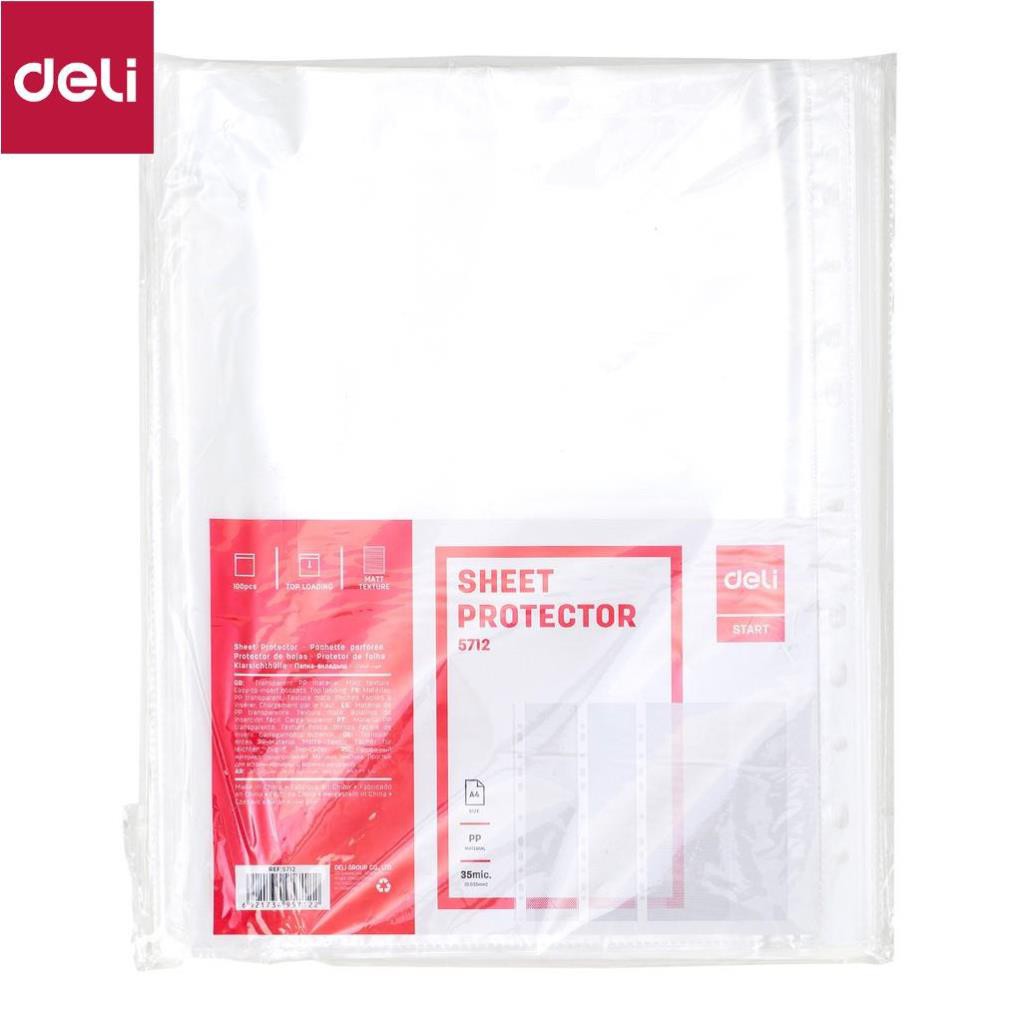 Tấm bảo vệ 11 lỗ A4 Deli, 0.035mm, trong suốt - 100 cái/túi - E5712 [Deli]