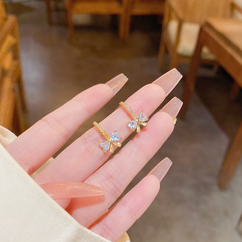 Bông Tai Mạ Bạc 925 Hình Nơ Đính Đá Zircon Sang Trọng