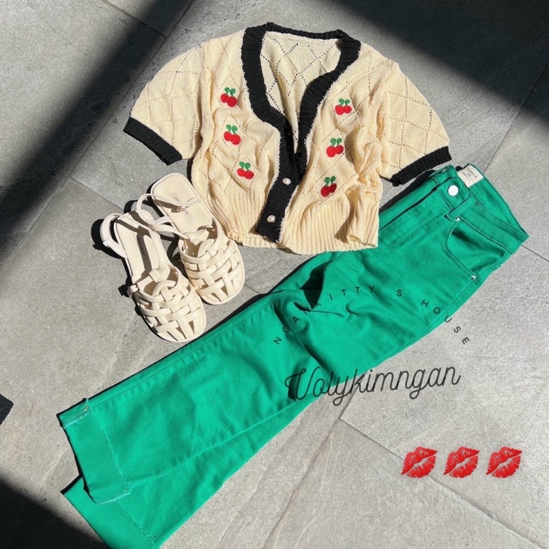 Áo len Cadigan tay cộc phối viền, hoạ tiết quả cherry bao xinh, dáng len ngắn lỡ