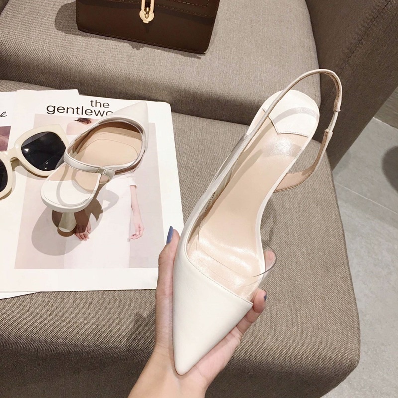 Giày cao gót mũi nhọn bít mũi hở gót trẻ trung sang trọng 6p màu đen, trắng