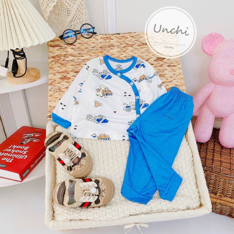 Bộ Quần Áo Dài Tay Sơ Sinh Unchi Cúc Lệch Quần Màu, Vải Thun Lạnh