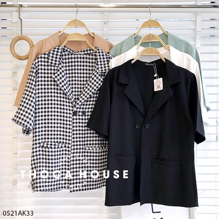 Áo blazer khoác vest tay ngắn túi mổ THOCA HOUSE xanh mint, đen, trắng, nude, caro trẻ trung, năng động