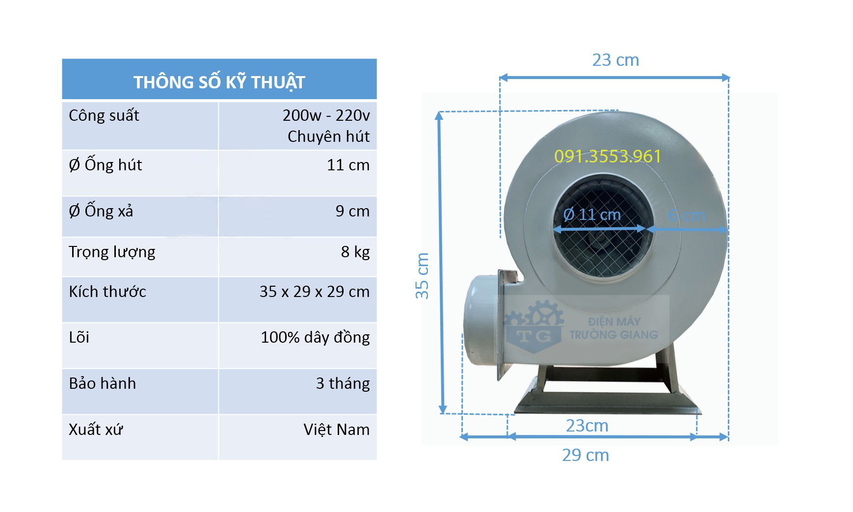 Quạt sên (quạt ly tâm) 200w hàng Việt Nam - Chuyên hút mùi, thông gió - Dây đồng 100%