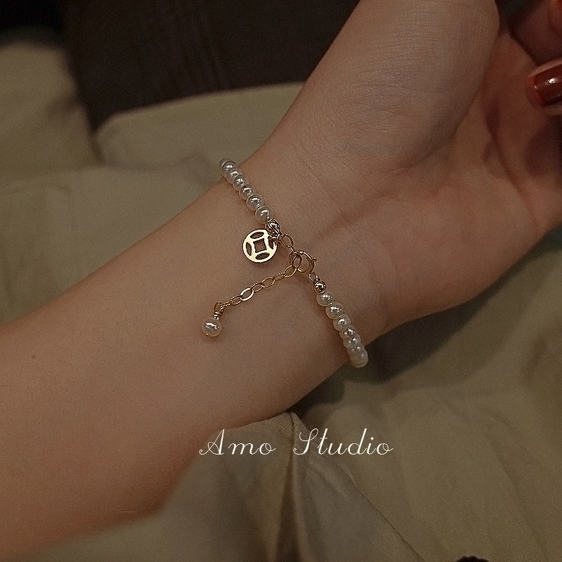 Vòng tay may mắn đính hạt ngọc trai phong cách Trung Hoa cổ điển cho nữ 2022