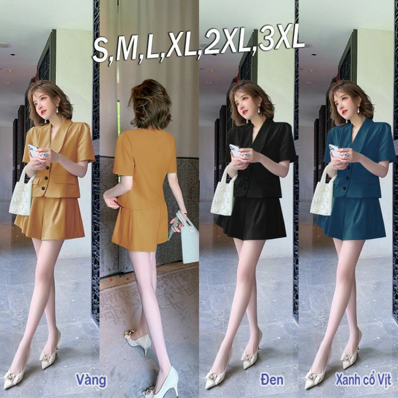 Set nguyên bộ quần short giả váy lưng thun áo cổ lá sen 2 túi giả xGiá : 300k Size : S,M,L,XL,2XL,3XLChất liệu : Vải