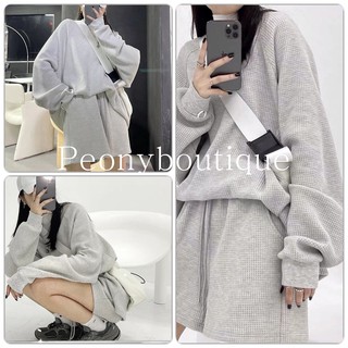 Set Raplan Xám Dài Tay Bồng PEONYB Nữ [FREESHIP] 🌸 Bộ đồ thụng quần short áo thun form rộng trendy cá tính Ulzzang 🌸