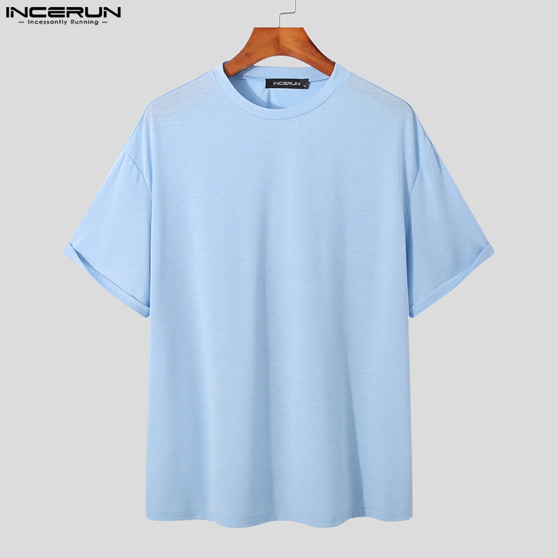 Áo thun cotton INCERUN ngắn tay màu trơn cổ thuyền đơn giản cho nam