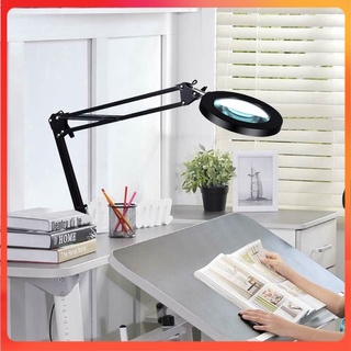 Kính lúp phóng đại 10x có đèn LED chiếu sáng đổi màu, tăng giảm ánh sáng, có kẹp bàn, có đế