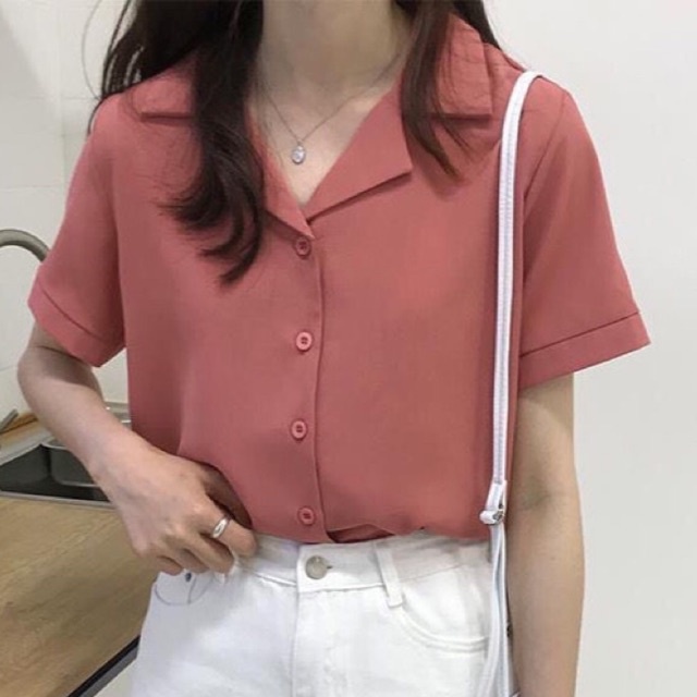 Áo sơ mi ngắn tay nữ cổ vest form rộng suông kiểu dáng basic unisex phong cách Hàn Quốc dễ kết hợp quần áo