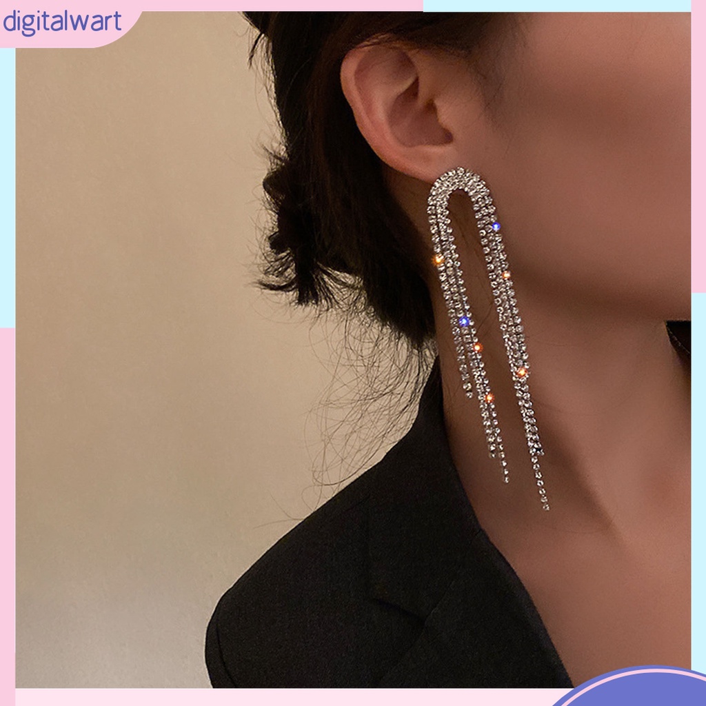 1 Cặp Bông Tai Chữ U Đính Đá Phối Tua Rua Thời Trang