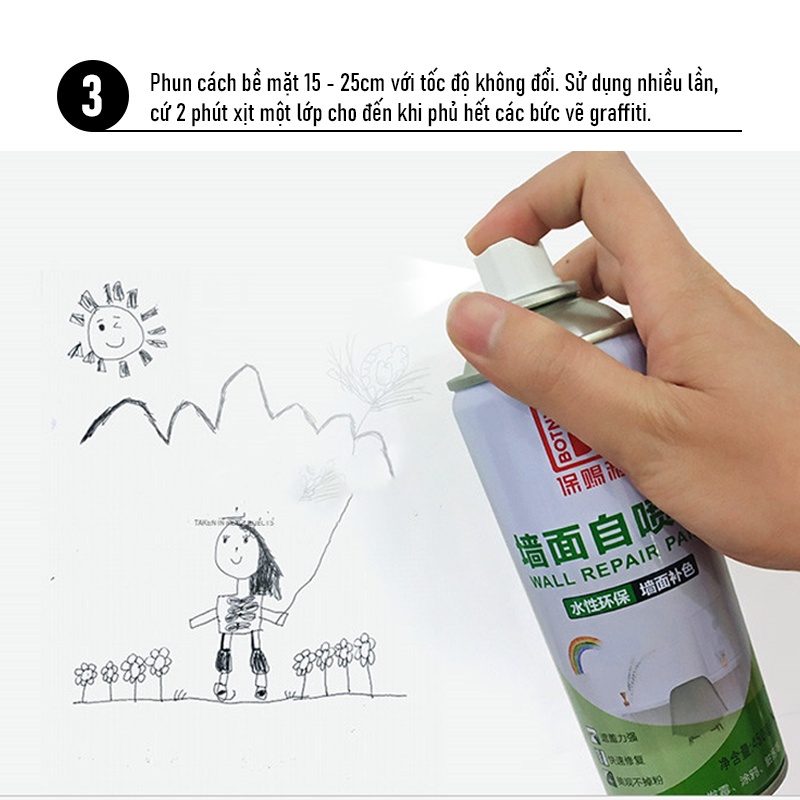 Sơn xịt che vết bẩn không tạo bụi, sơn phục hồi tường BOTNY, dung dịch xóa vết vẽ bậy, graffiti, B-2273
