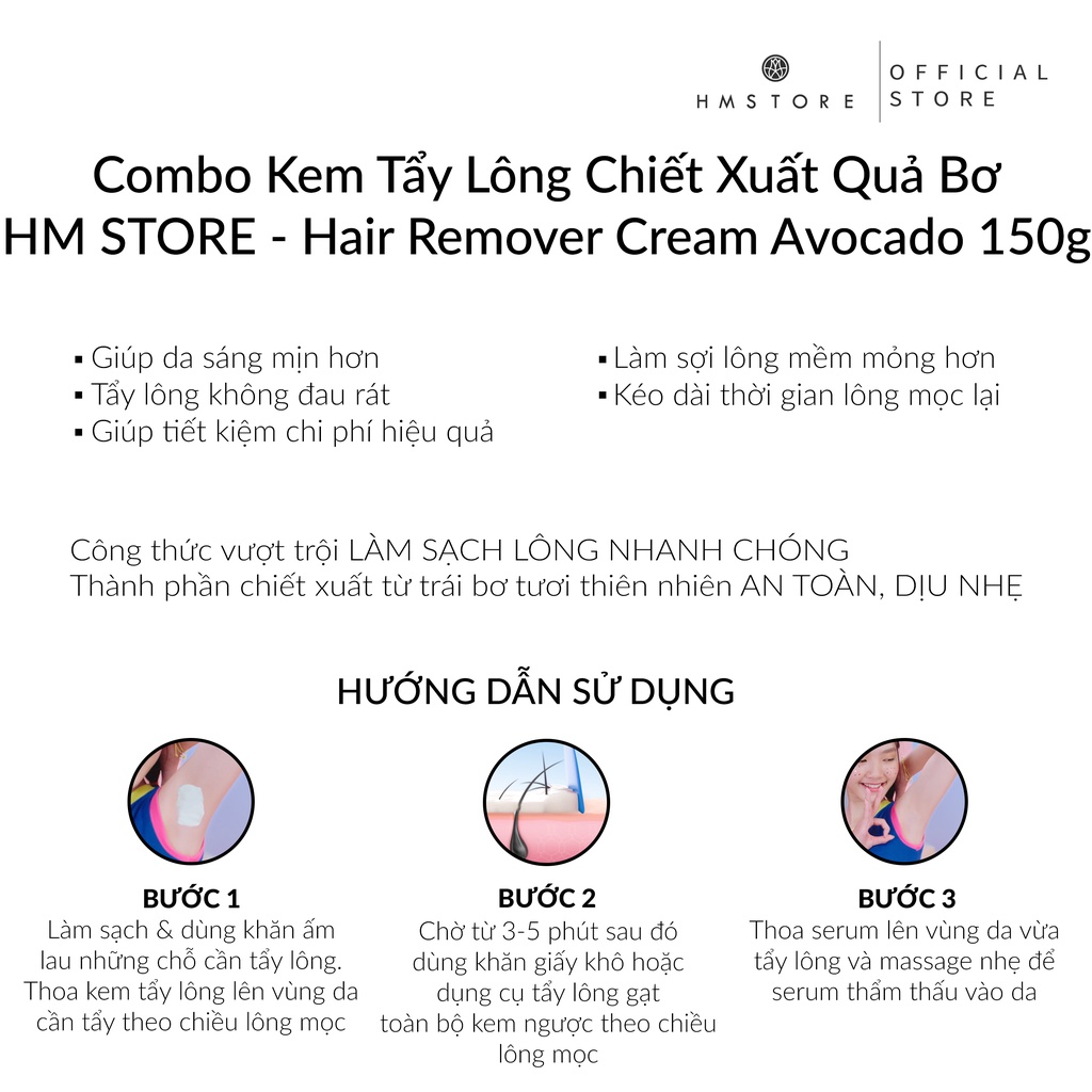 Kem Tẩy Lông Chiết Xuất Quả Bơ & Serum Triệt Lông Cho Da Nhạy Cảm HM STORE – 150g