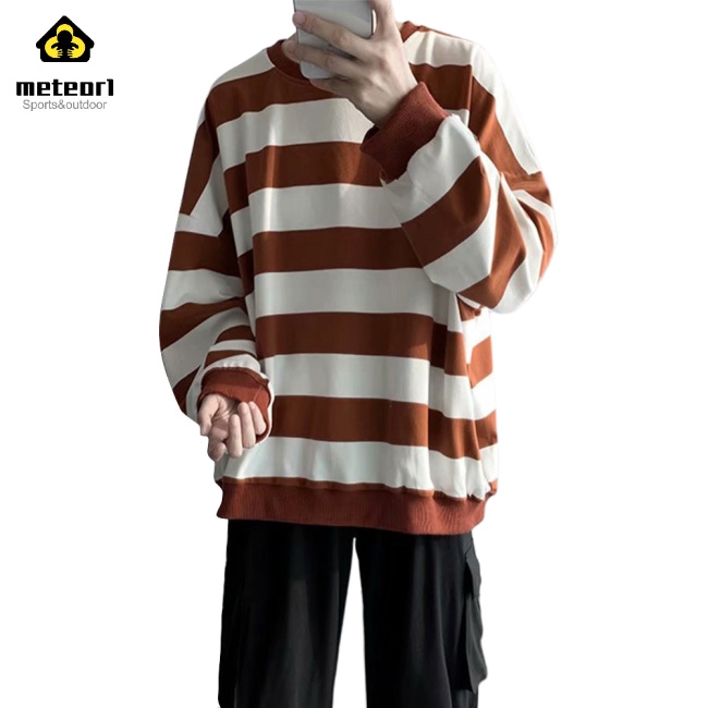 Men Women Sweatshirt Crew Neck Combined Color Stripe Loose Long Sleeve T-shirt Pullover Tops