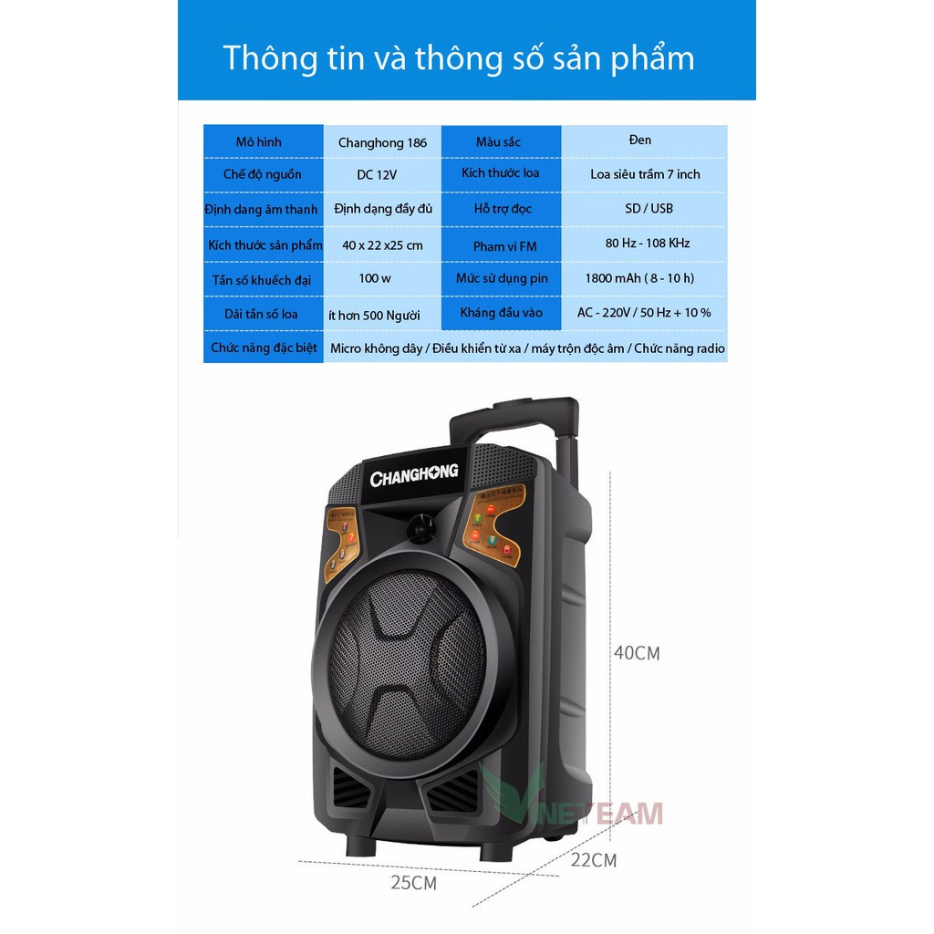 Loa Kéo Bluetooth giá rẻ CHANGHONG CYD186 Cao Cấp, Chất Âm Cực Hay Kèm Mic dc3433