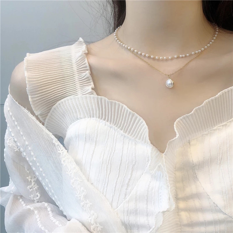 [Women Elegant Korean Retro Pearl Metal Double Layer Pendant Necklace ][Ladies Fashion Contracted Joker Collarbone Chain Double Pearl Necklace][Girls Jewelry Accessoriess Gifts]